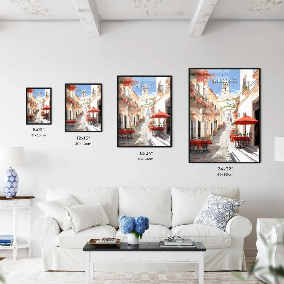 Messina, Italy - Art print of a street with tables and chairs and red umbrellas Size Chart