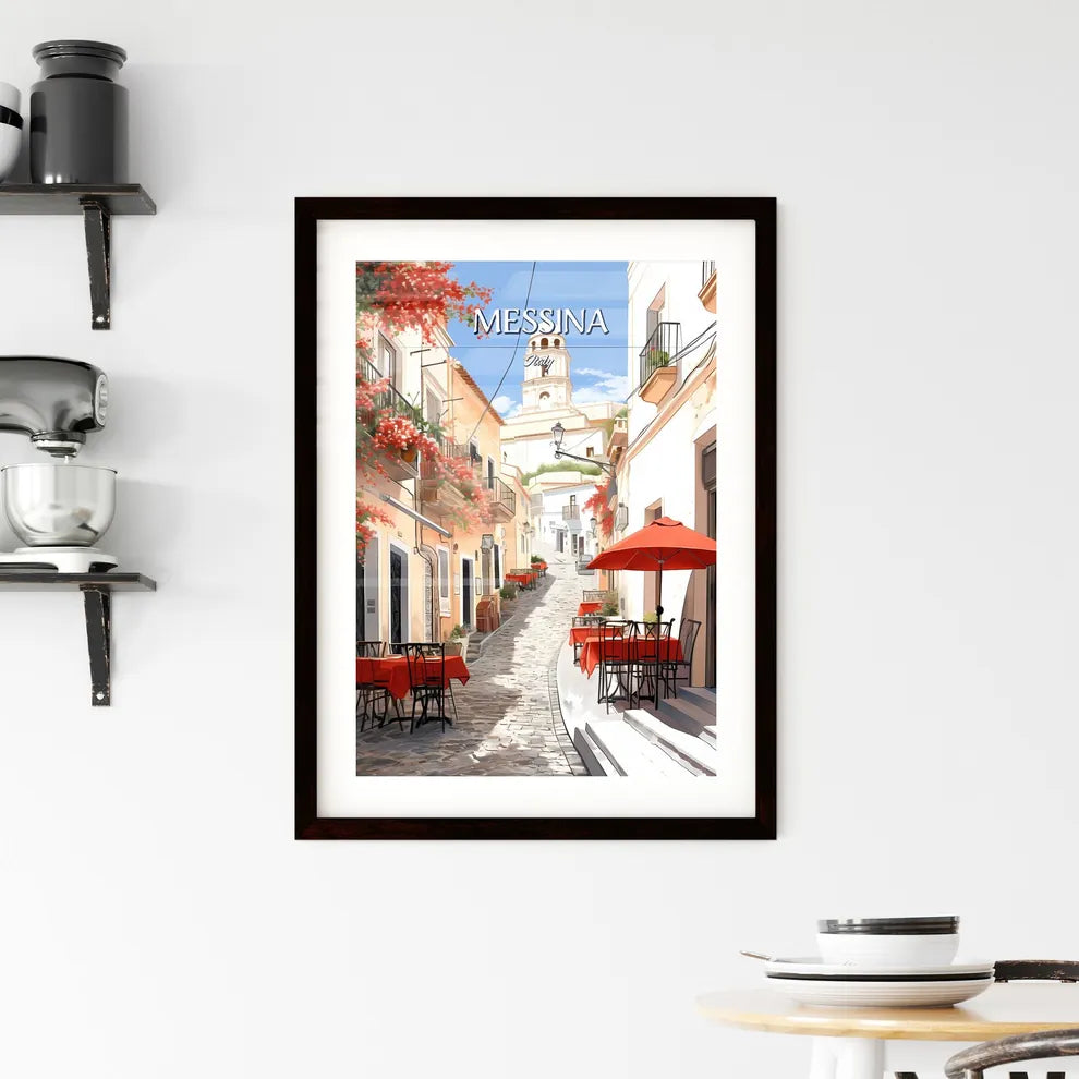 Messina, Italy - Art print of a street with tables and chairs and red umbrellas Custom Print