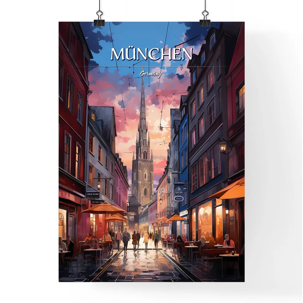 München, Germany - Art print of a street with people and tables in front of a tall tower Poster