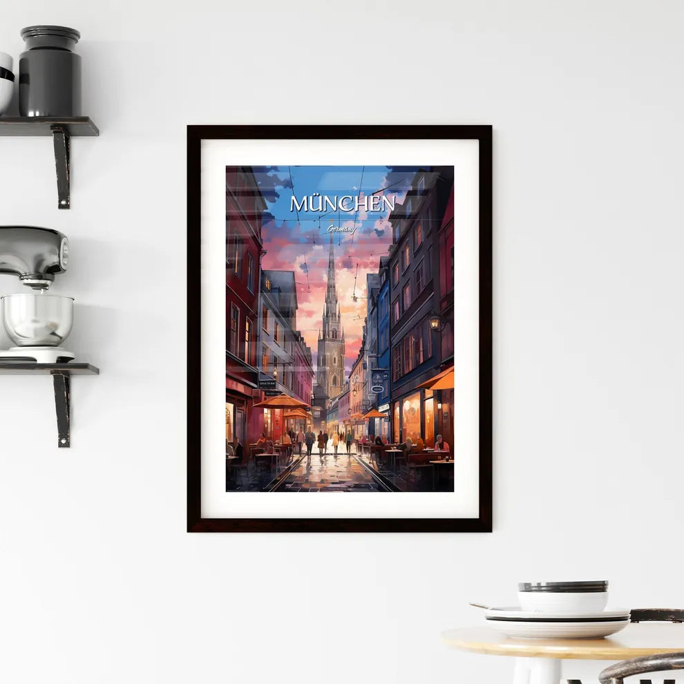 München, Germany - Art print of a street with people and tables in front of a tall tower Custom Print