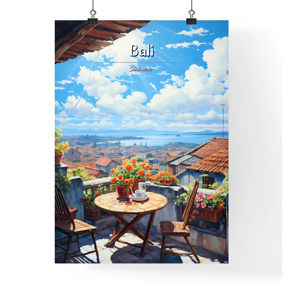 On the roofs of Bali, Indonesia - Art print of a table and chairs on a balcony with a view of a city and water Poster