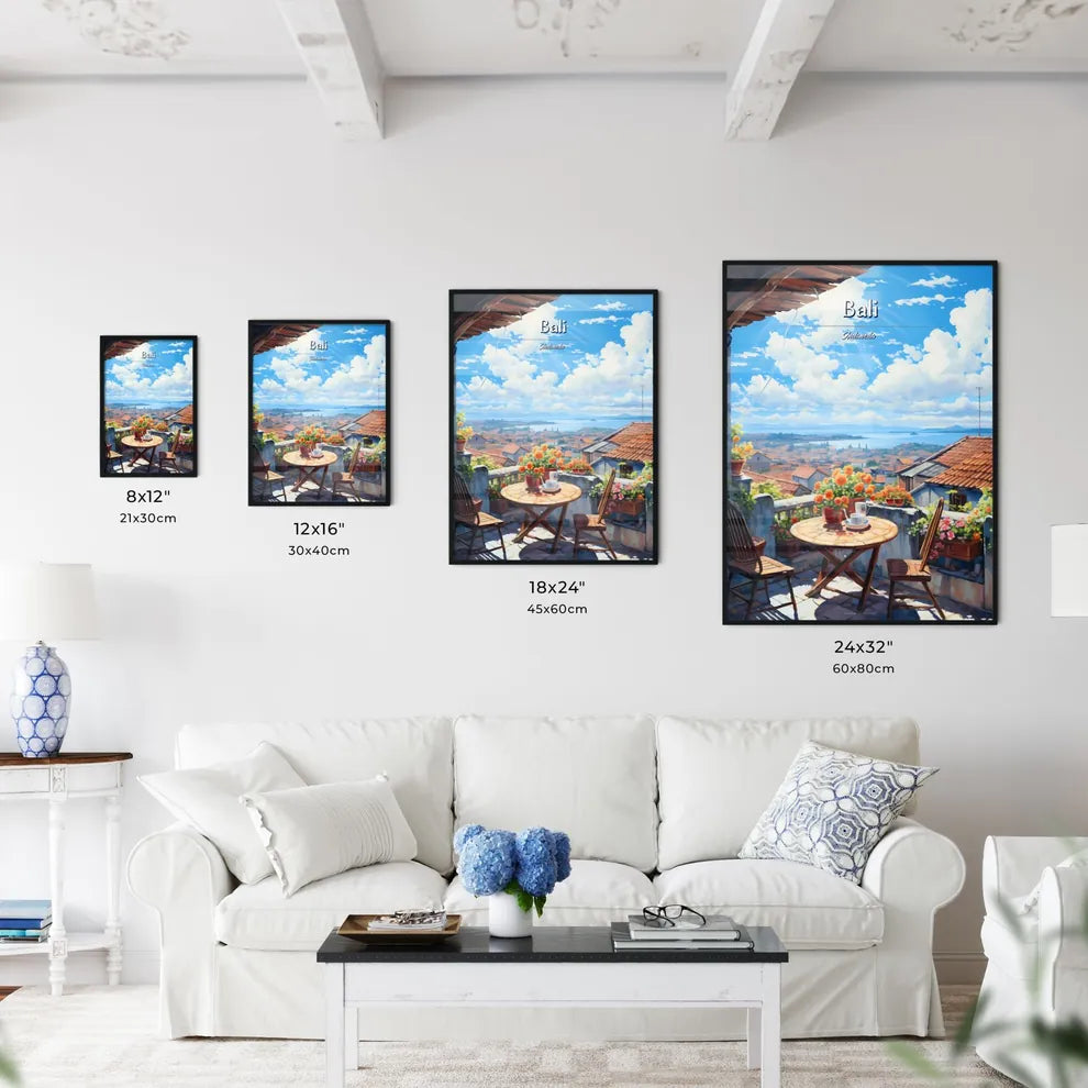 On the roofs of Bali, Indonesia - Art print of a table and chairs on a balcony with a view of a city and water Size Chart