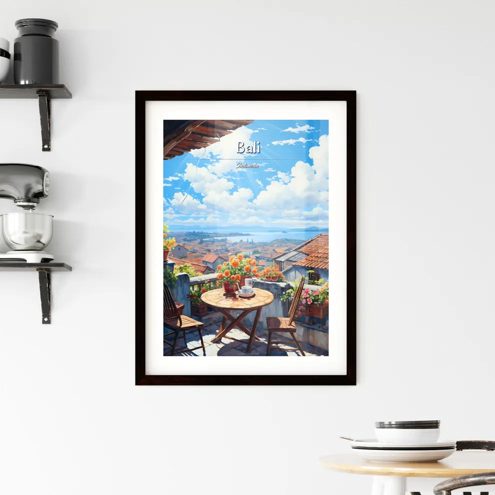 On the roofs of Bali, Indonesia - Art print of a table and chairs on a balcony with a view of a city and water Custom Print
