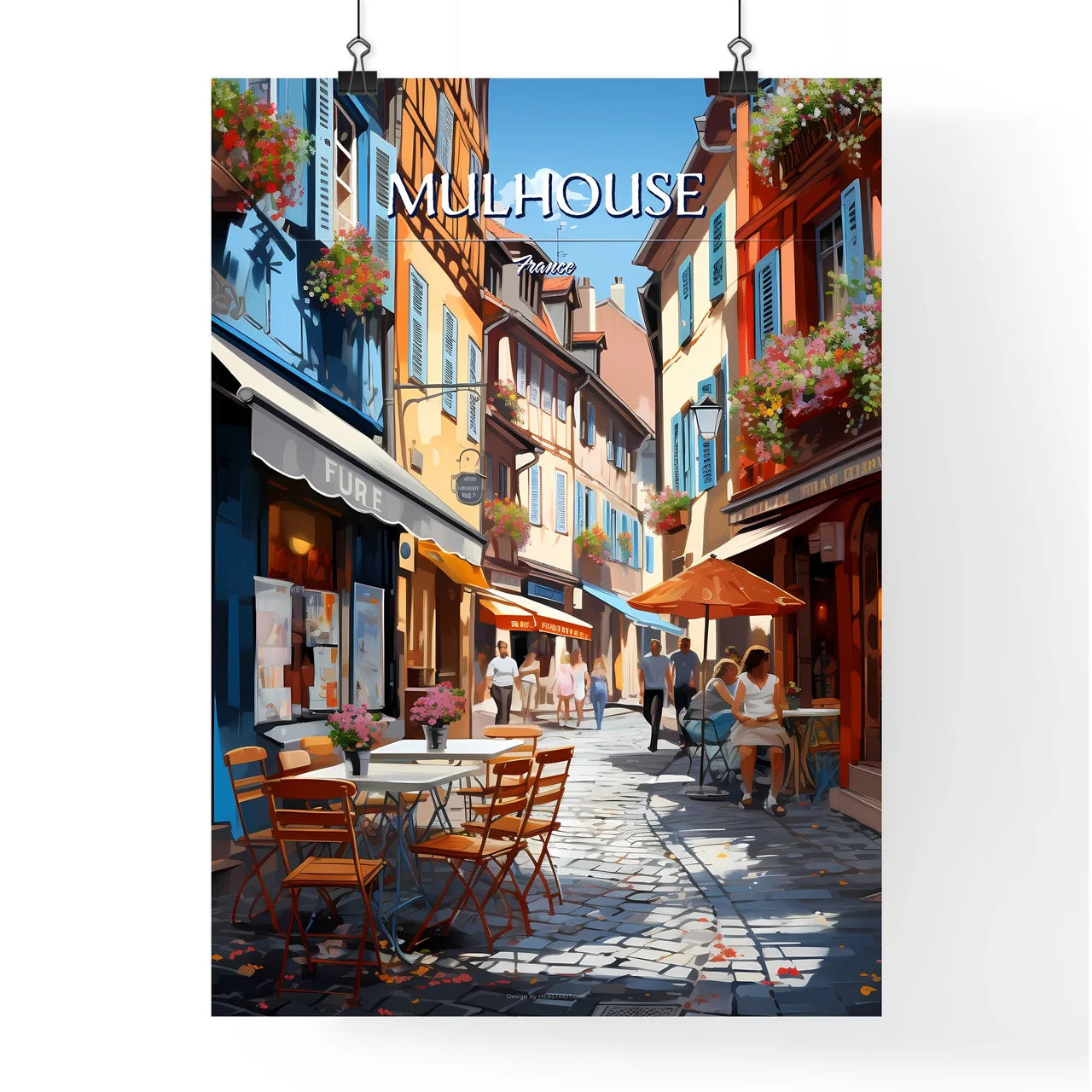Mulhouse, France - Art print of a street with tables and chairs and people on it Poster