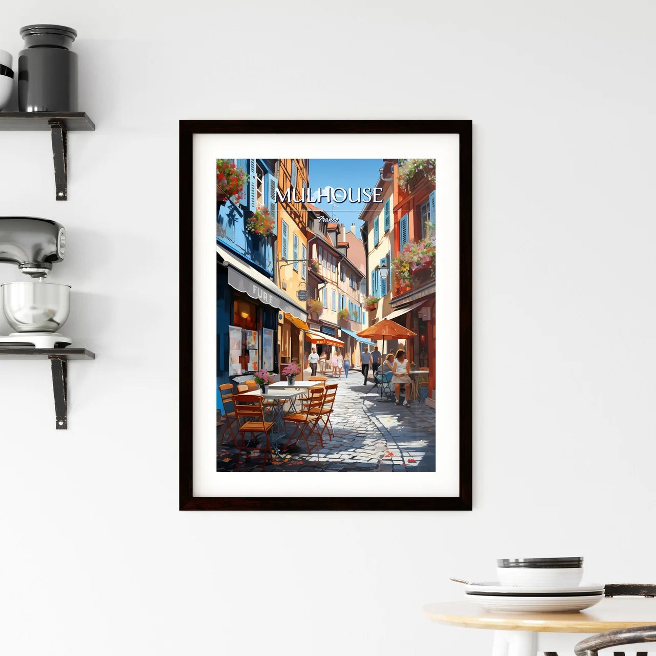 Mulhouse, France - Art print of a street with tables and chairs and people on it Custom Print
