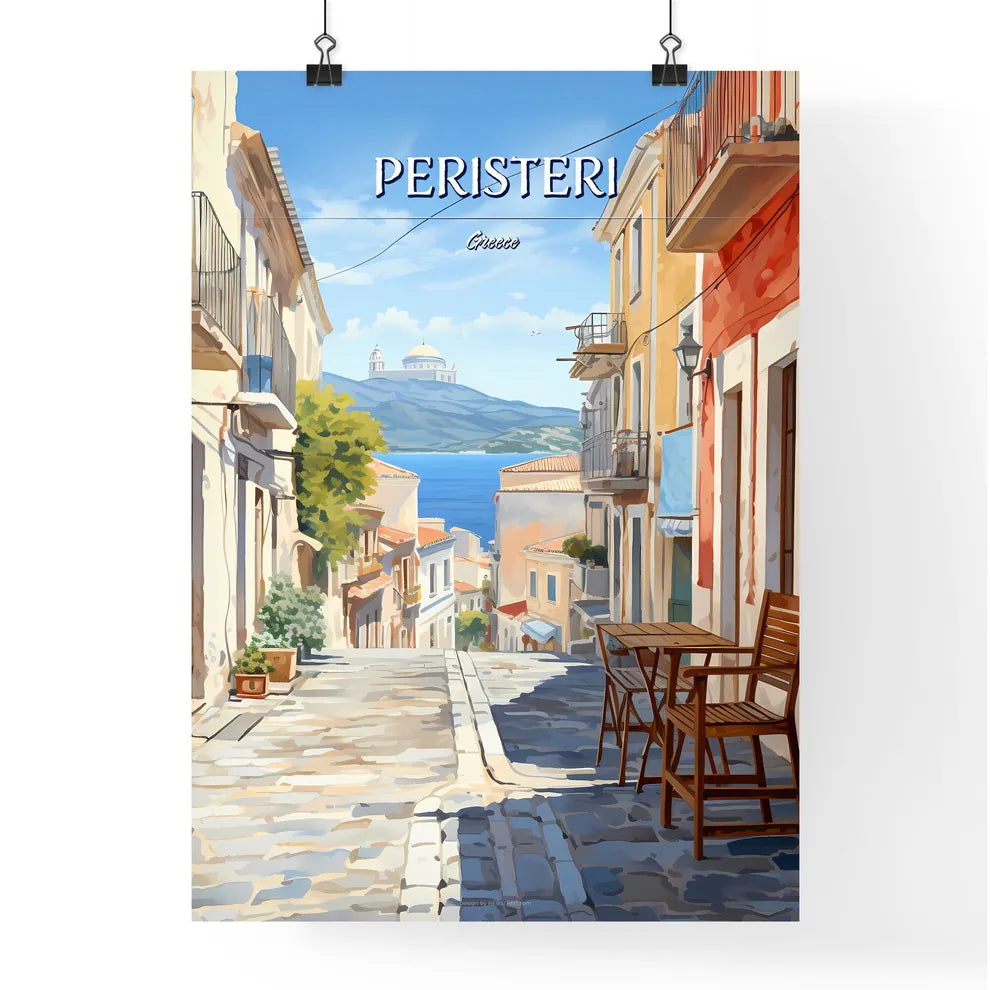 Peristeri, Greece - Art print of a street with chairs and tables in front of a body of water Poster