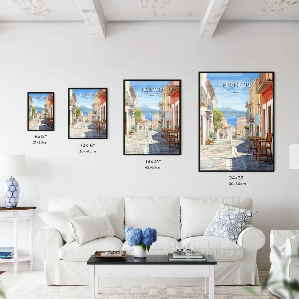 Peristeri, Greece - Art print of a street with chairs and tables in front of a body of water Size Chart