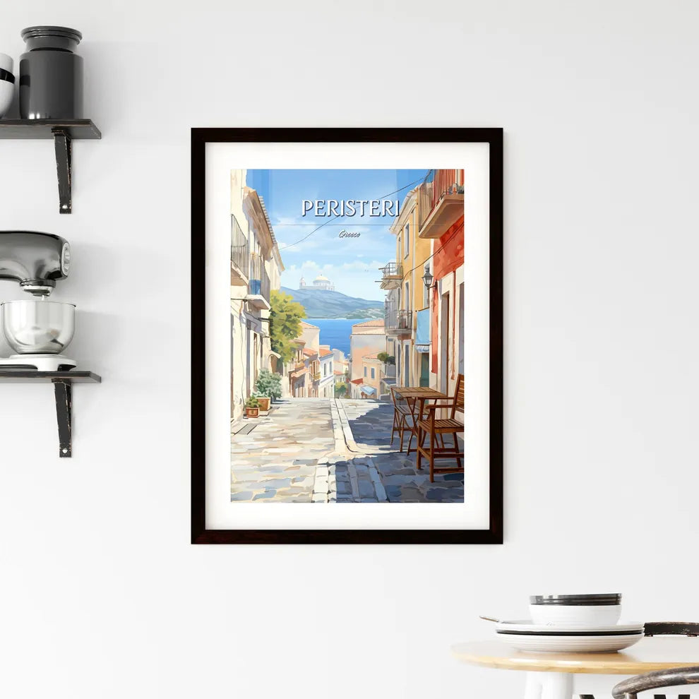 Peristeri, Greece - Art print of a street with chairs and tables in front of a body of water Custom Print