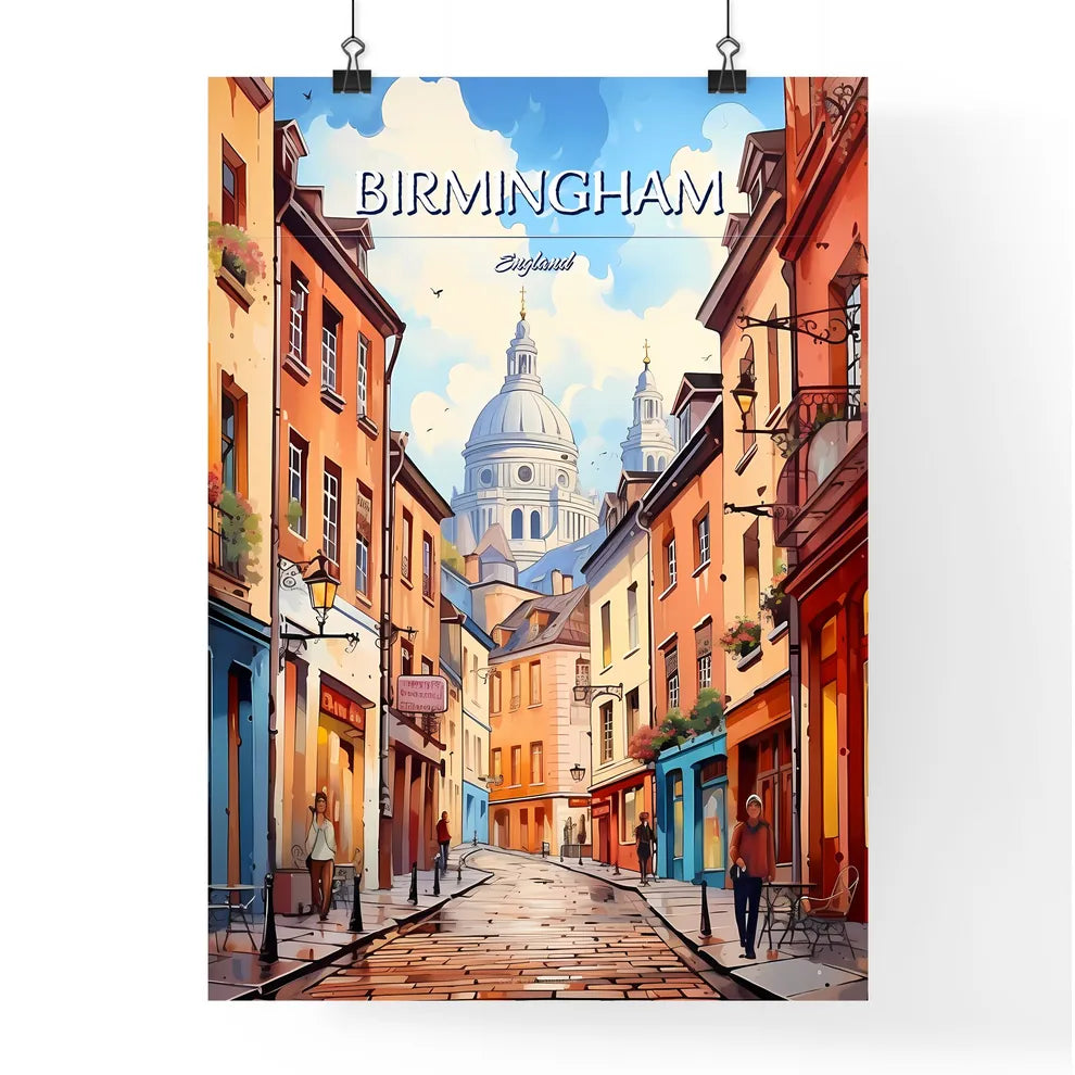 Birmingham, England - Art print of a street with buildings and a dome in the background Poster