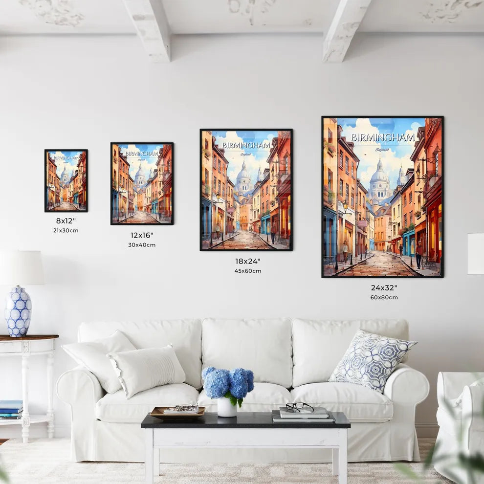 Birmingham, England - Art print of a street with buildings and a dome in the background Size Chart