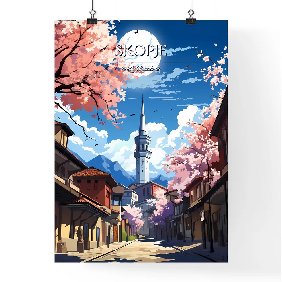 Skopje, North Macedonia - Art print of a street with buildings and trees and a tower Poster