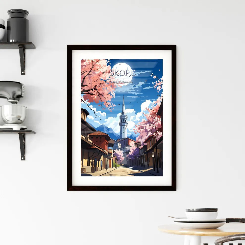 Skopje, North Macedonia - Art print of a street with buildings and trees and a tower Custom Print