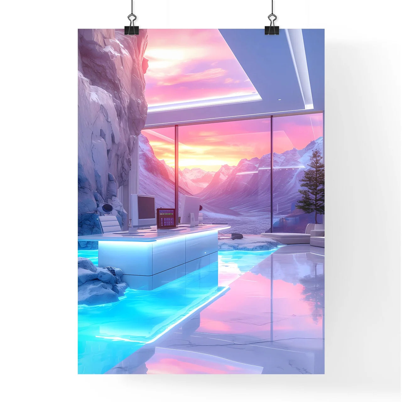 Take a break from the rush - Art print of a room with a desk and a large window Poster