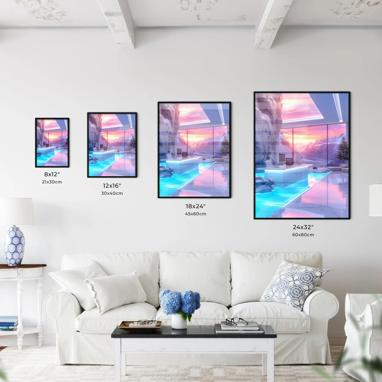 Take a break from the rush - Art print of a room with a desk and a large window Size Chart