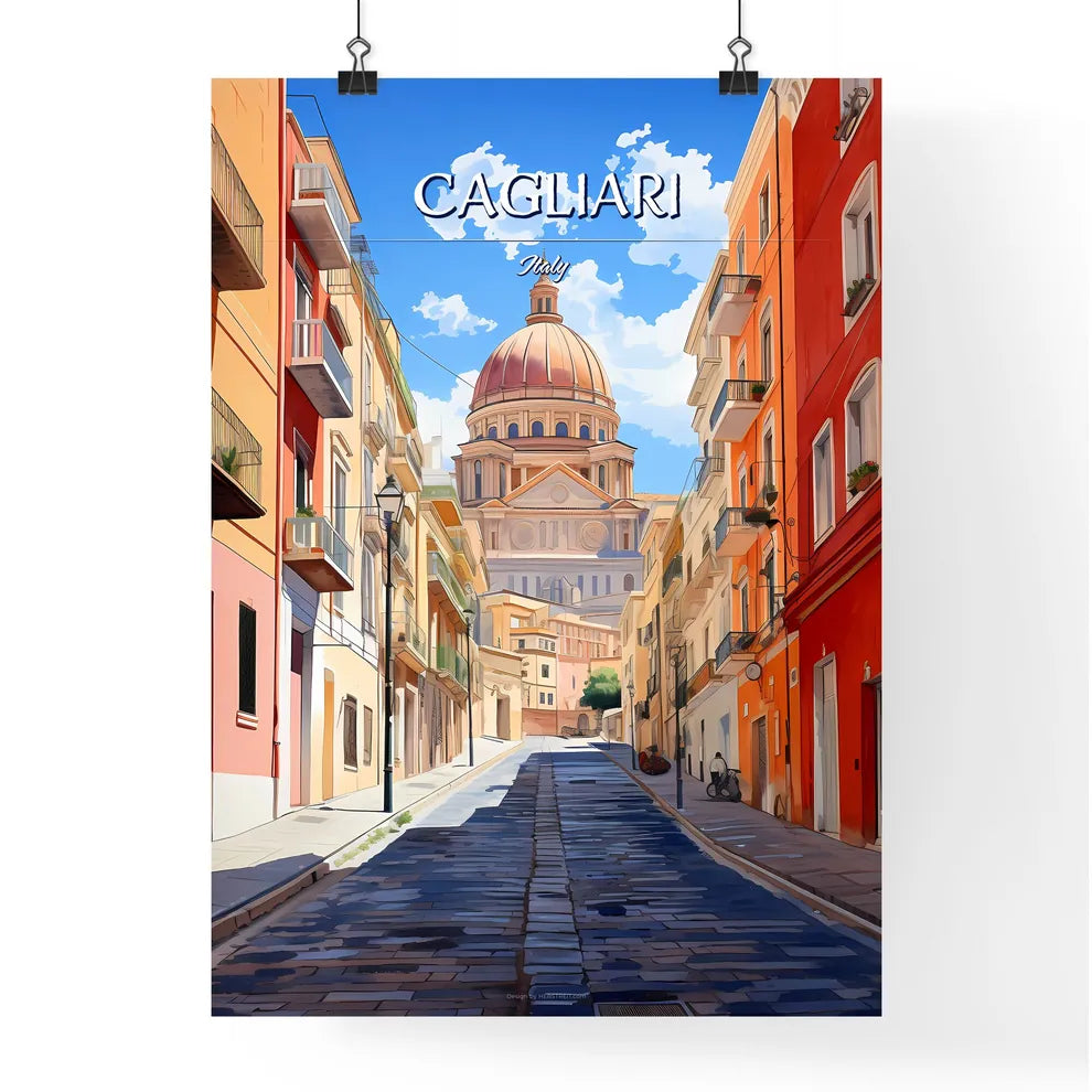 Cagliari, Italy - Art print of a street with buildings and a dome Poster
