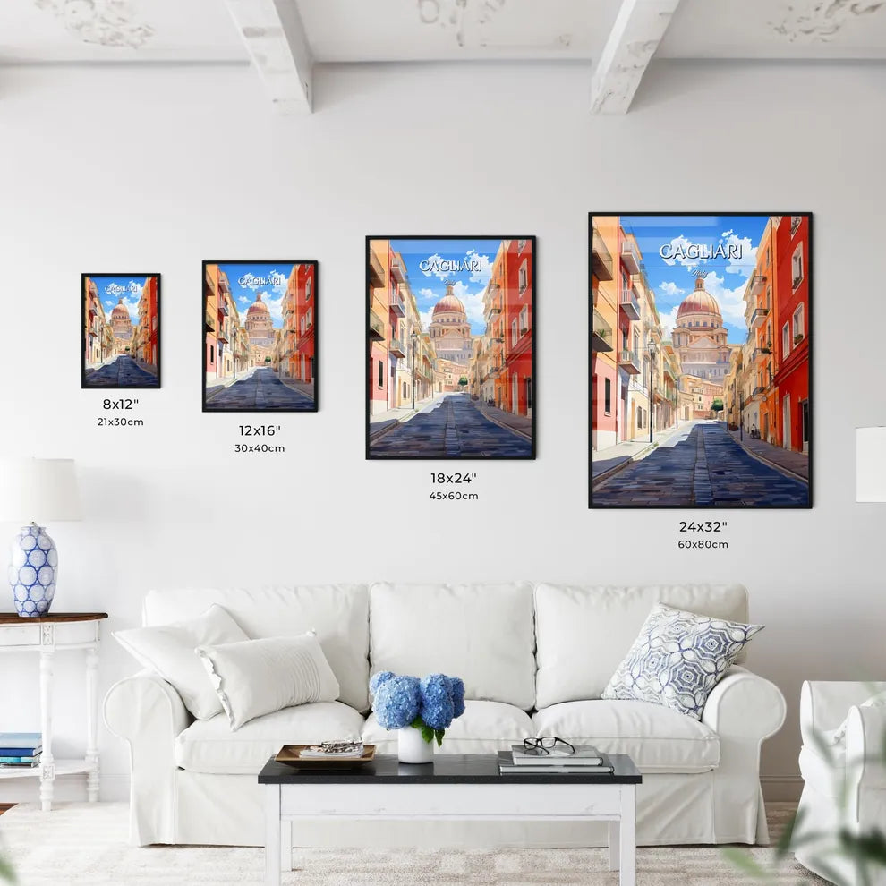 Cagliari, Italy - Art print of a street with buildings and a dome Size Chart