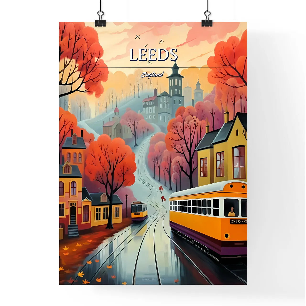 Leeds, England - Art print of a painting of a trolley going down a street Poster