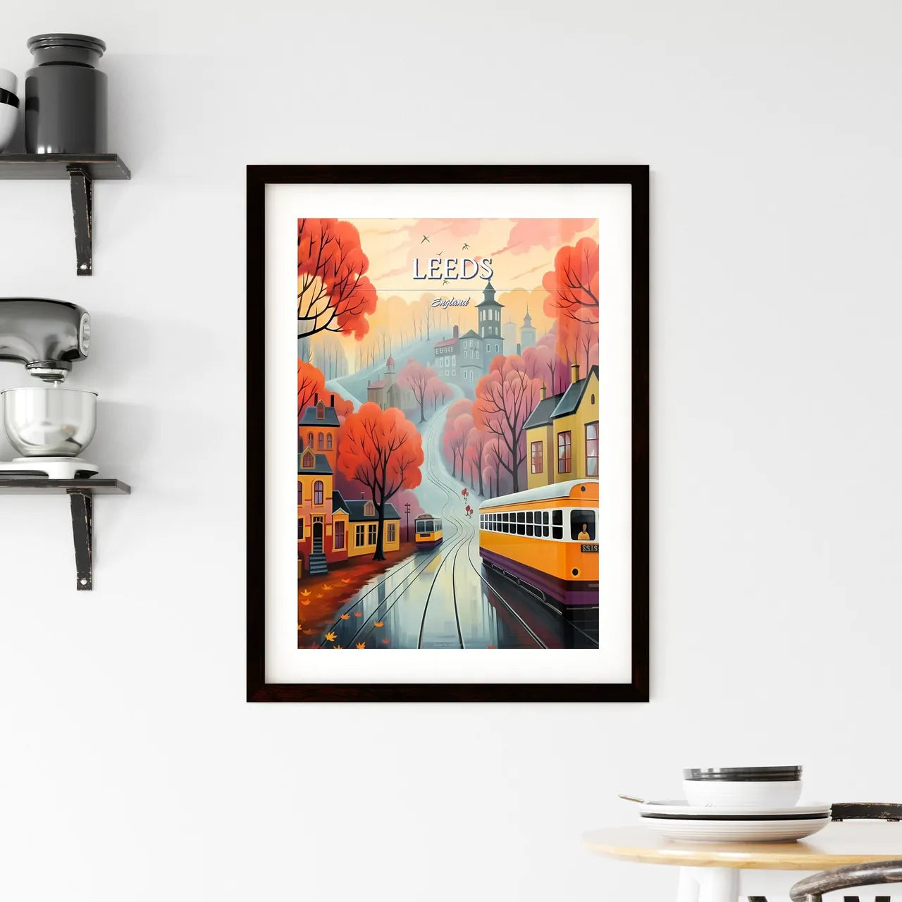 Leeds, England - Art print of a painting of a trolley going down a street Custom Print