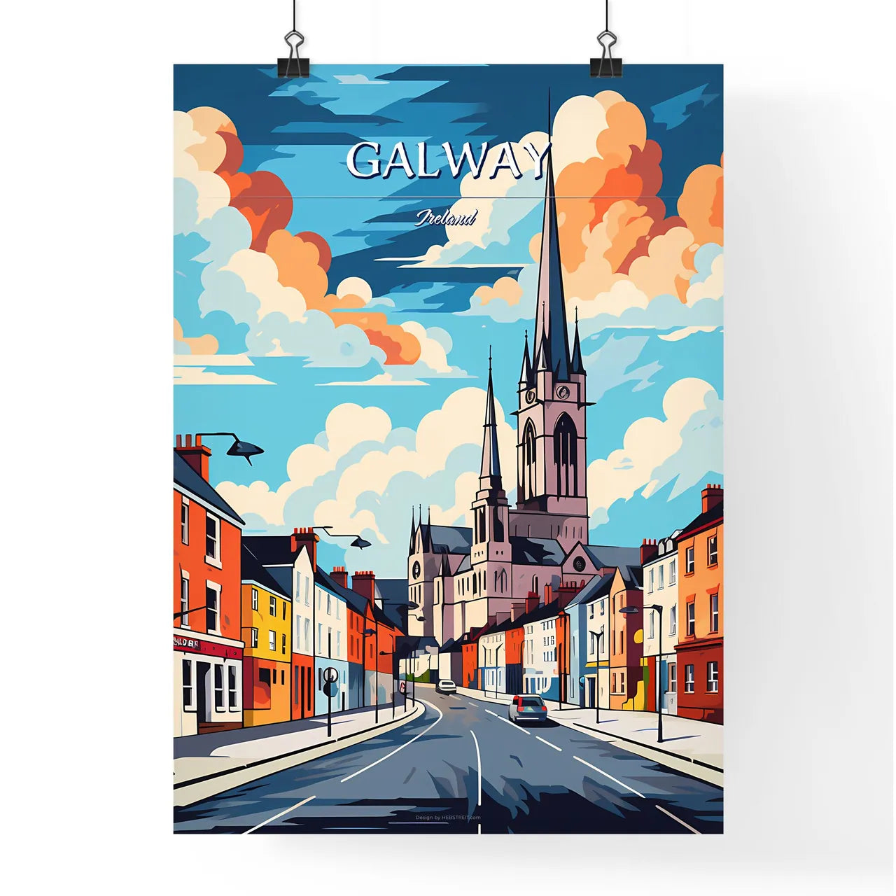 Galway, Ireland - Art print of a street with buildings and a church Poster