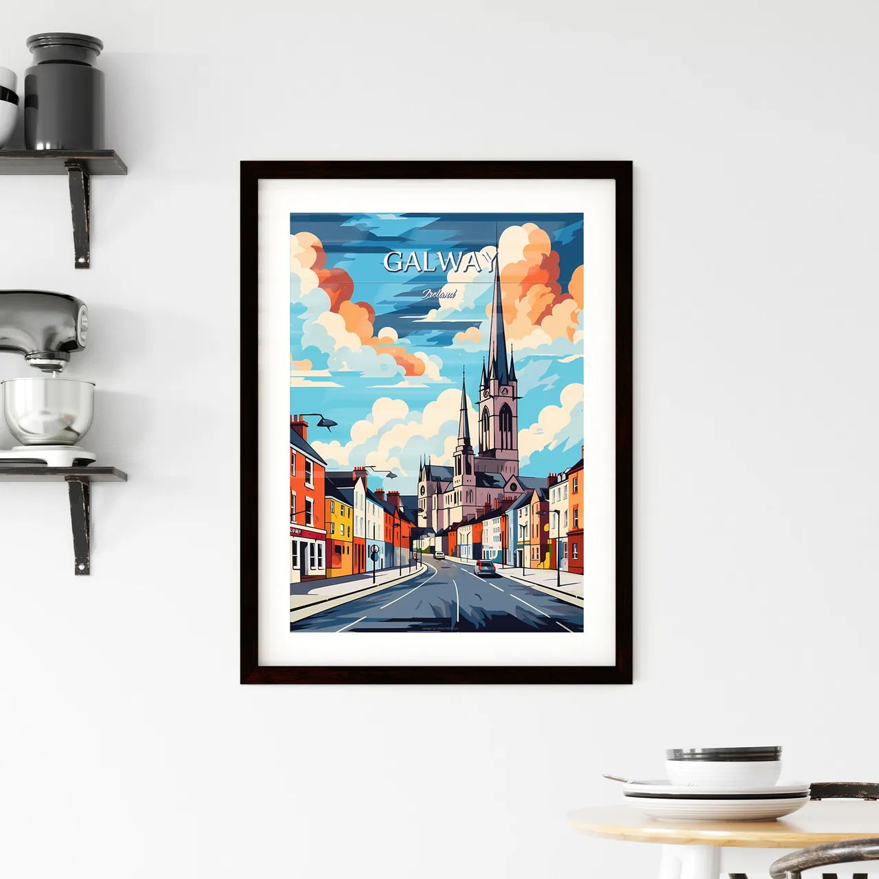 Galway, Ireland - Art print of a street with buildings and a church Custom Print