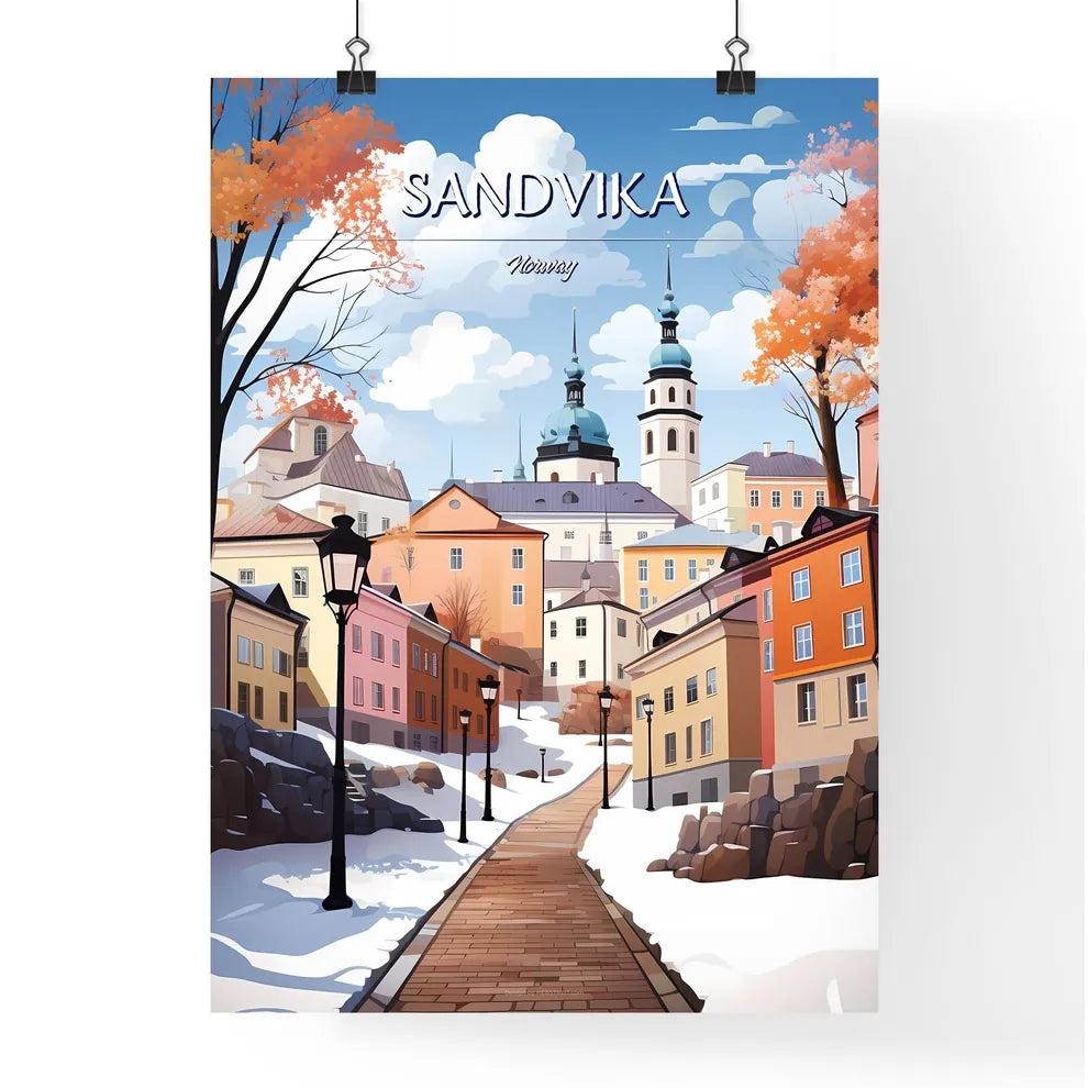 Sandvika, Norway - Art print of a snow covered path between buildings Poster