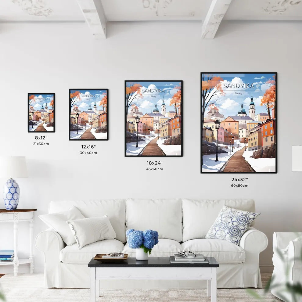 Sandvika, Norway - Art print of a snow covered path between buildings Size Chart