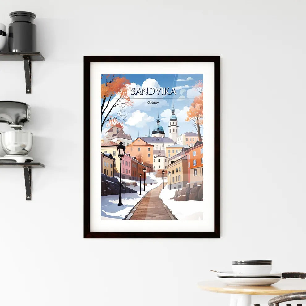 Sandvika, Norway - Art print of a snow covered path between buildings Custom Print