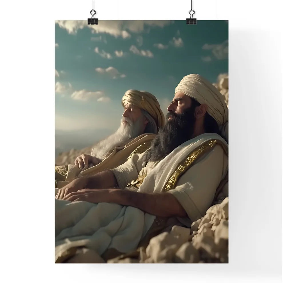 Abraham with Lazarus in Heaven, looking at the rich man in hell, ancient times, the parable of the rich man and Lazarus - Art print of a group of men sitting on a rocky hill Default Title