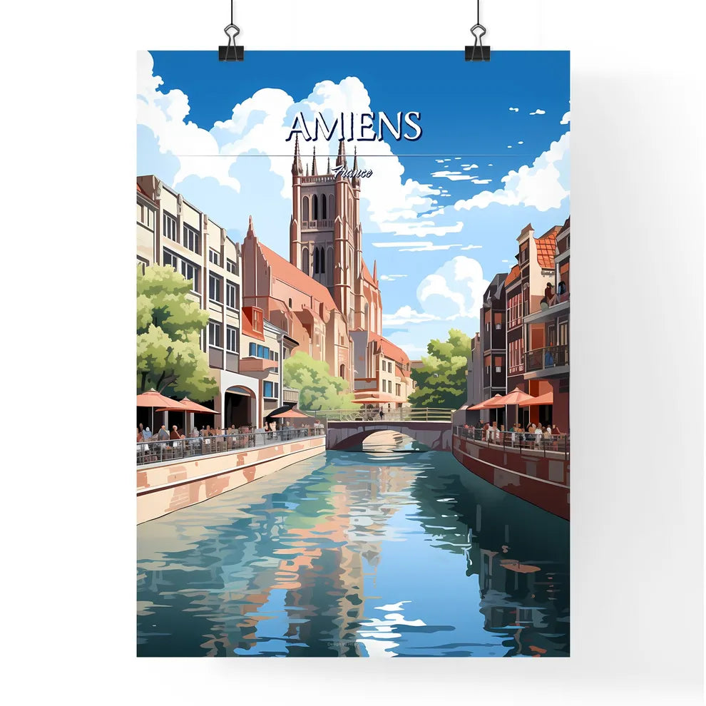 Amiens, France - Art print of a river with people and buildings Poster