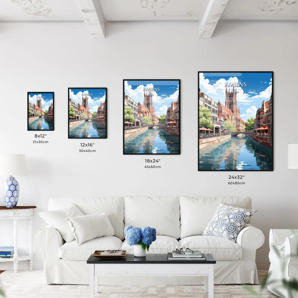 Amiens, France - Art print of a river with people and buildings Size Chart