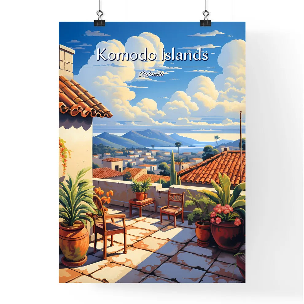 On the roofs of Komodo Islands, Indonesia - Art print of a patio with chairs and plants on the roof Poster