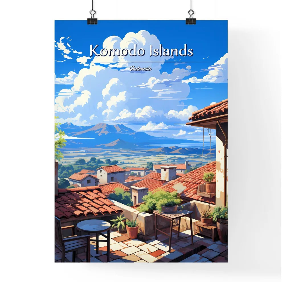 On the roofs of Komodo Islands, Indonesia - Art print of a rooftops of a town with a valley and mountains in the background Poster