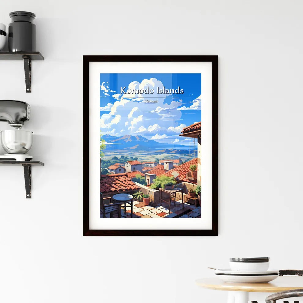 On the roofs of Komodo Islands, Indonesia - Art print of a rooftops of a town with a valley and mountains in the background Custom Print