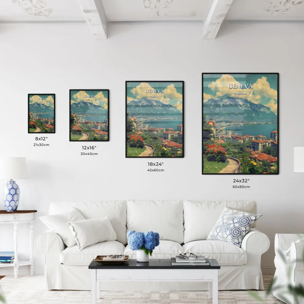 Geneva, Switzerland, - Art print of a city next to a body of water Size Chart