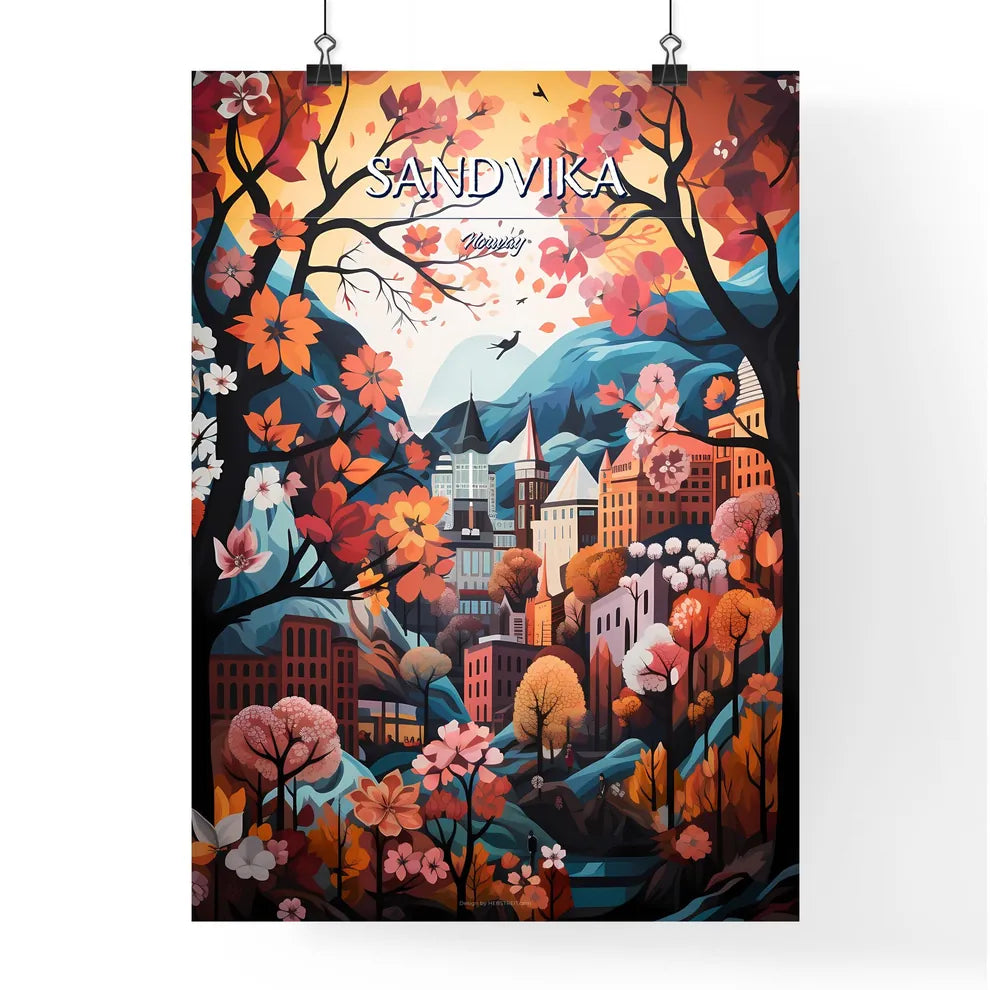 Sandvika, Norway - Art print of a painting of a city with trees and mountains Poster