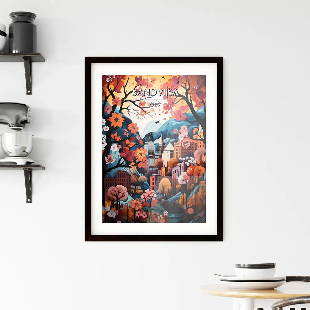 Sandvika, Norway - Art print of a painting of a city with trees and mountains Custom Print