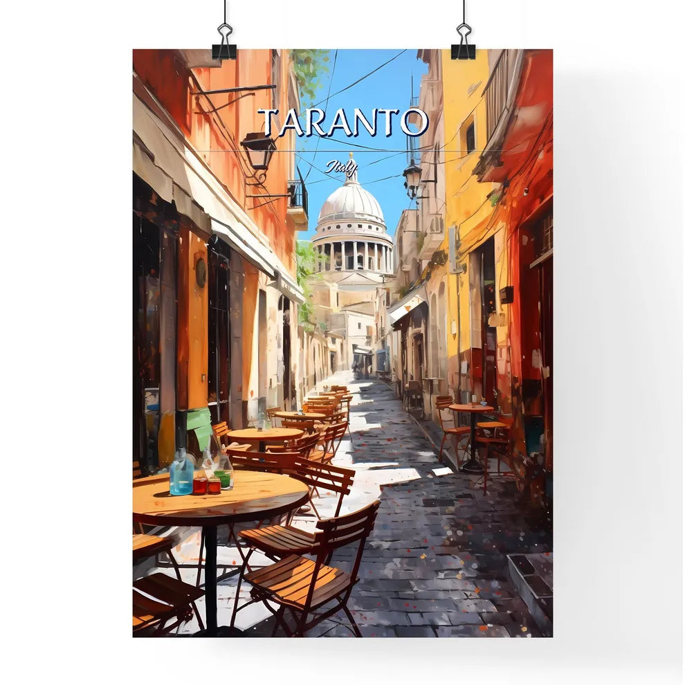 Taranto, Italy - Art print of a street with tables and chairs in front of a dome Poster