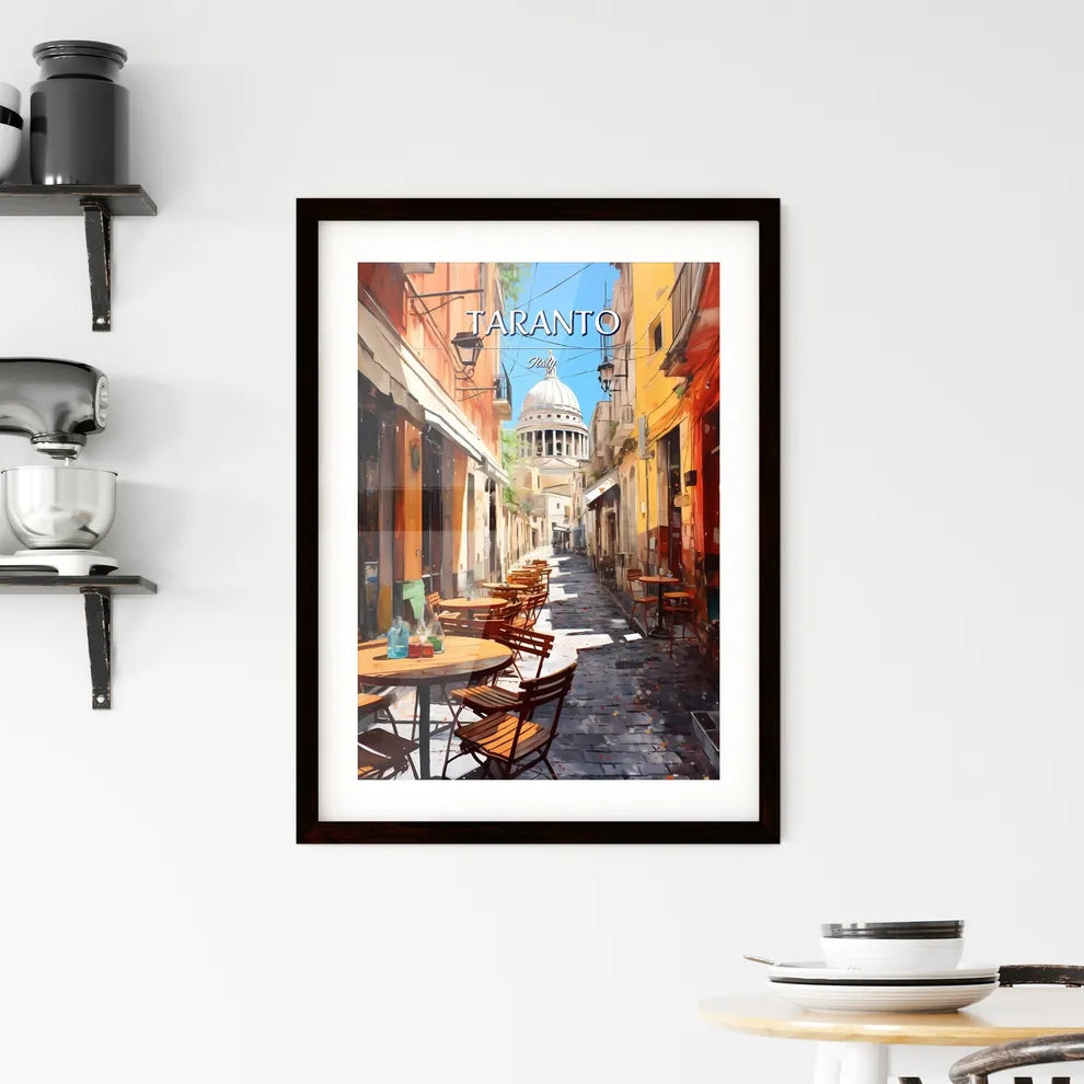 Taranto, Italy - Art print of a street with tables and chairs in front of a dome Custom Print