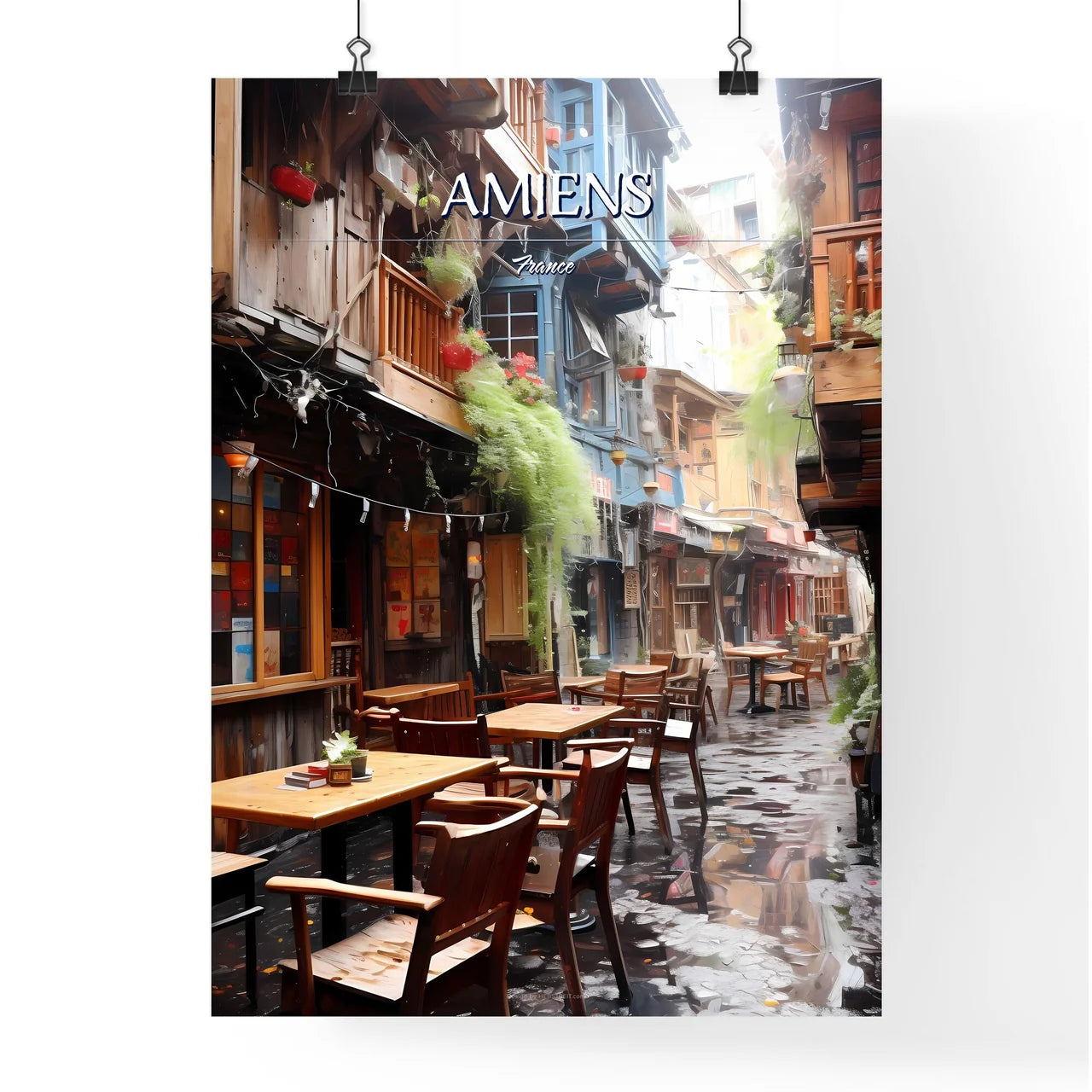 Amiens, France - Art print of a street with tables and chairs in a rainy day Poster