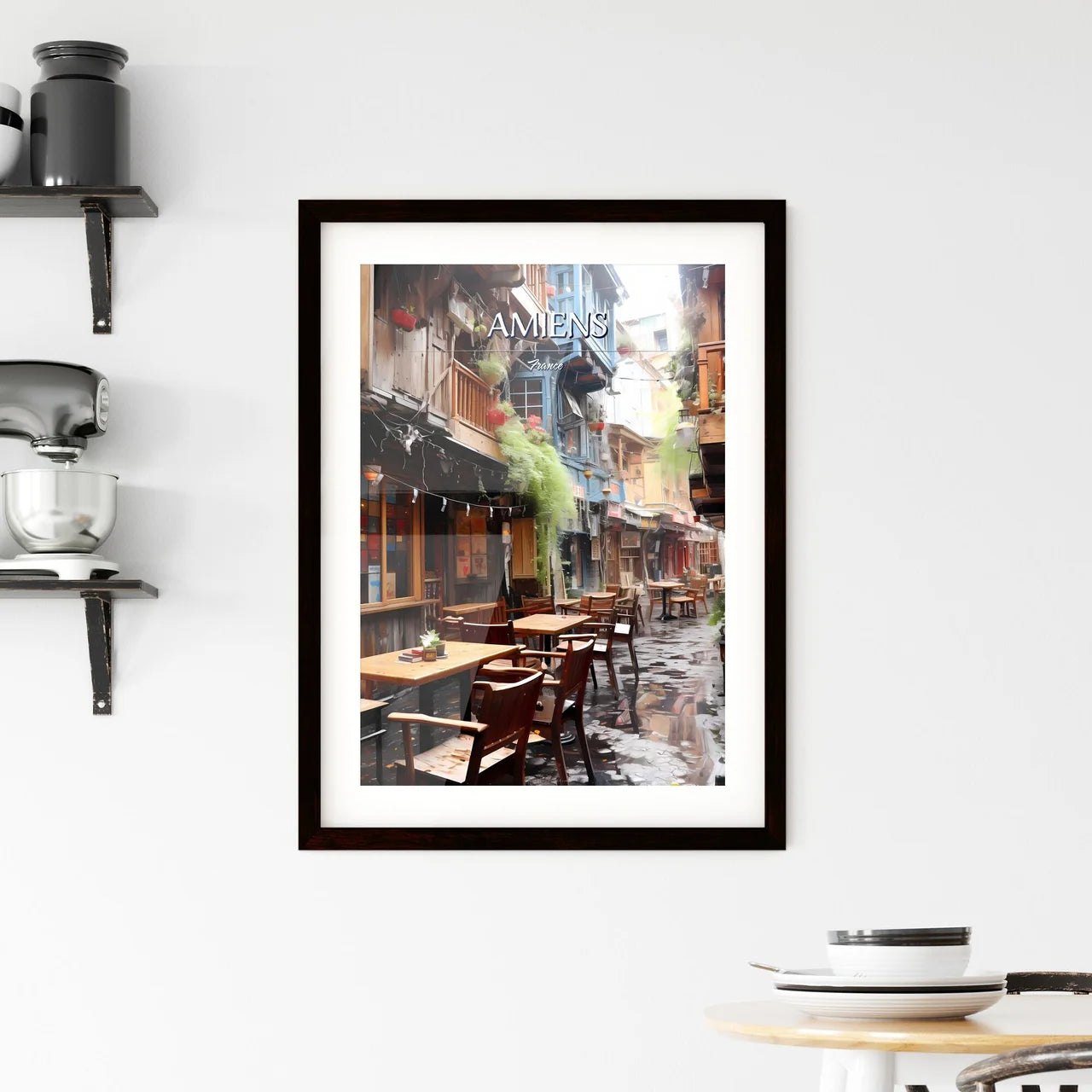 Amiens, France - Art print of a street with tables and chairs in a rainy day Custom Print