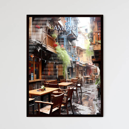 Amiens, France - Art print of a street with tables and chairs in a rainy day Framed Art