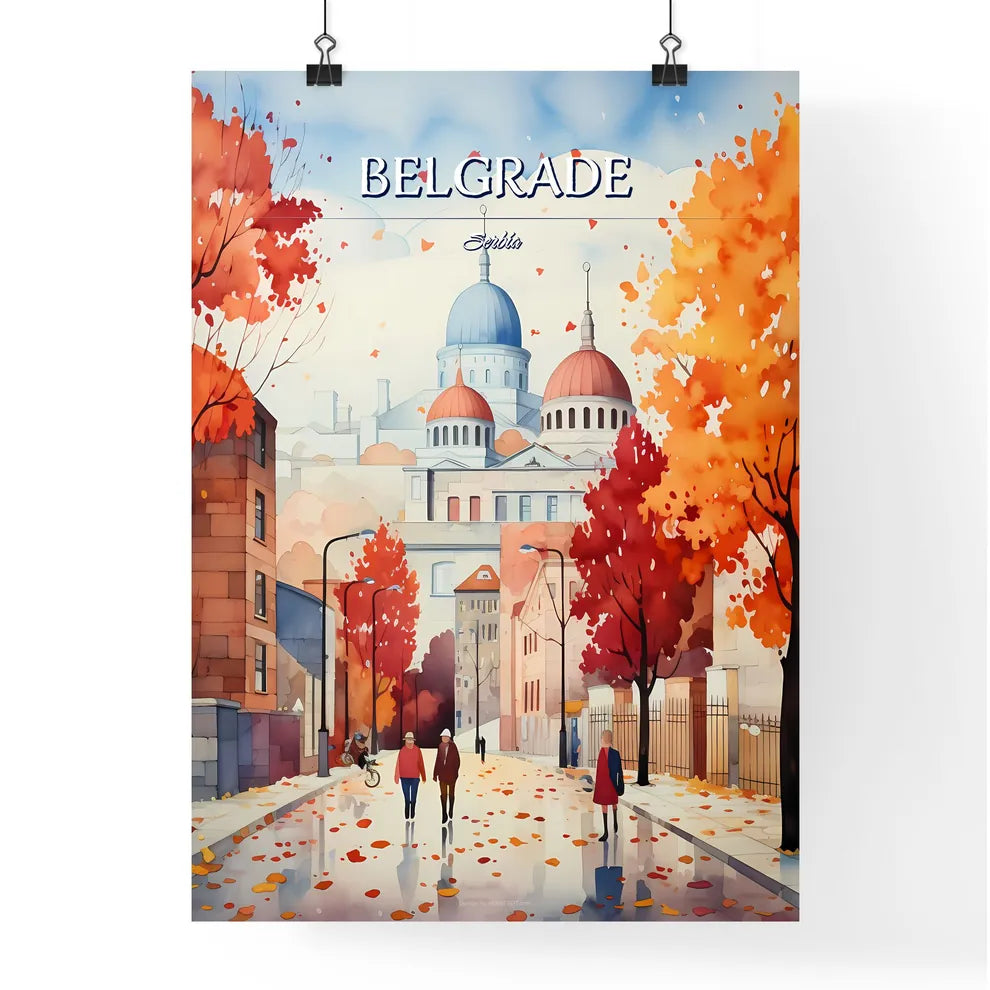 Belgrade, Serbia - Art print of a painting of a street with buildings and trees Poster