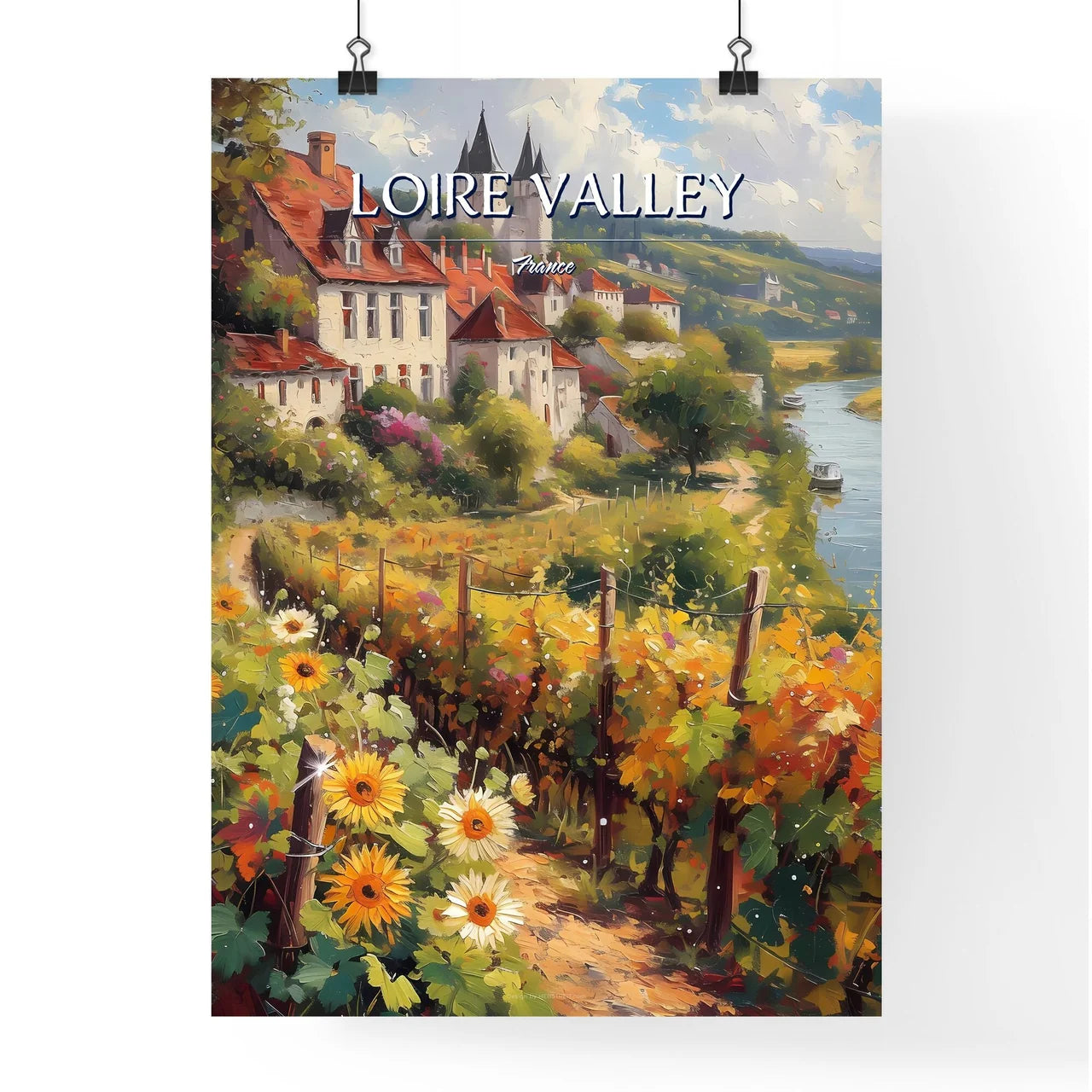 Loire Valley, France - Art print of a painting of a town with a river and flowers Poster