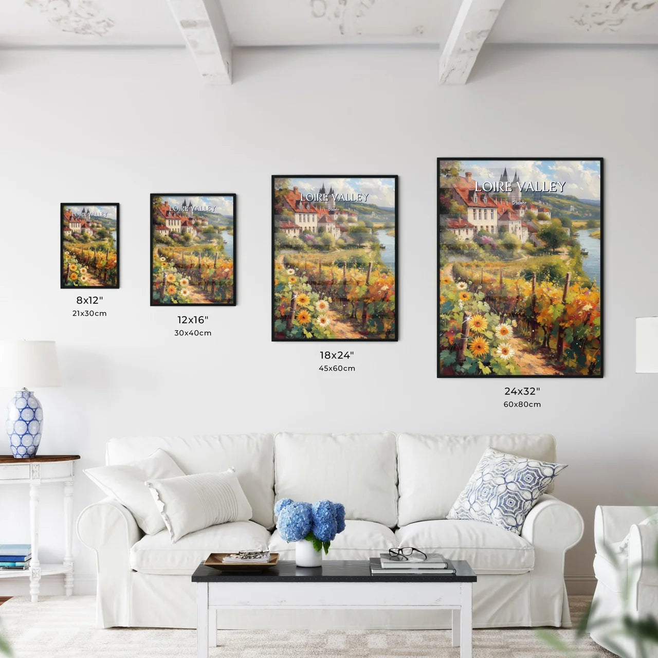 Loire Valley, France - Art print of a painting of a town with a river and flowers Size Chart