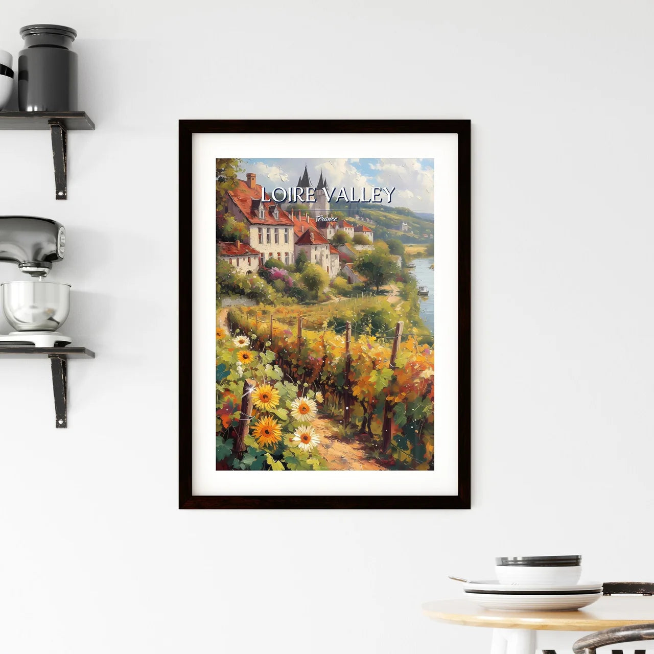 Loire Valley, France - Art print of a painting of a town with a river and flowers Custom Print