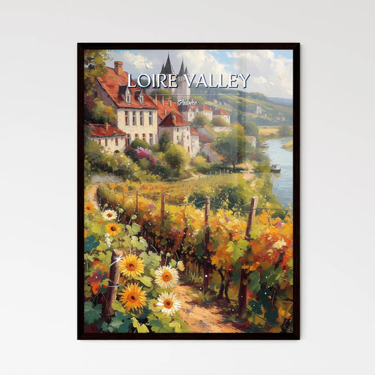 Loire Valley, France - Art print of a painting of a town with a river and flowers Framed Art