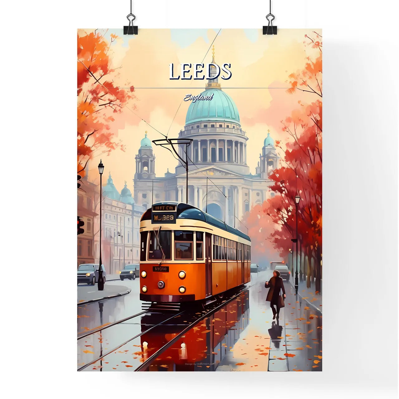 Leeds, England - Art print of a train on the street Poster