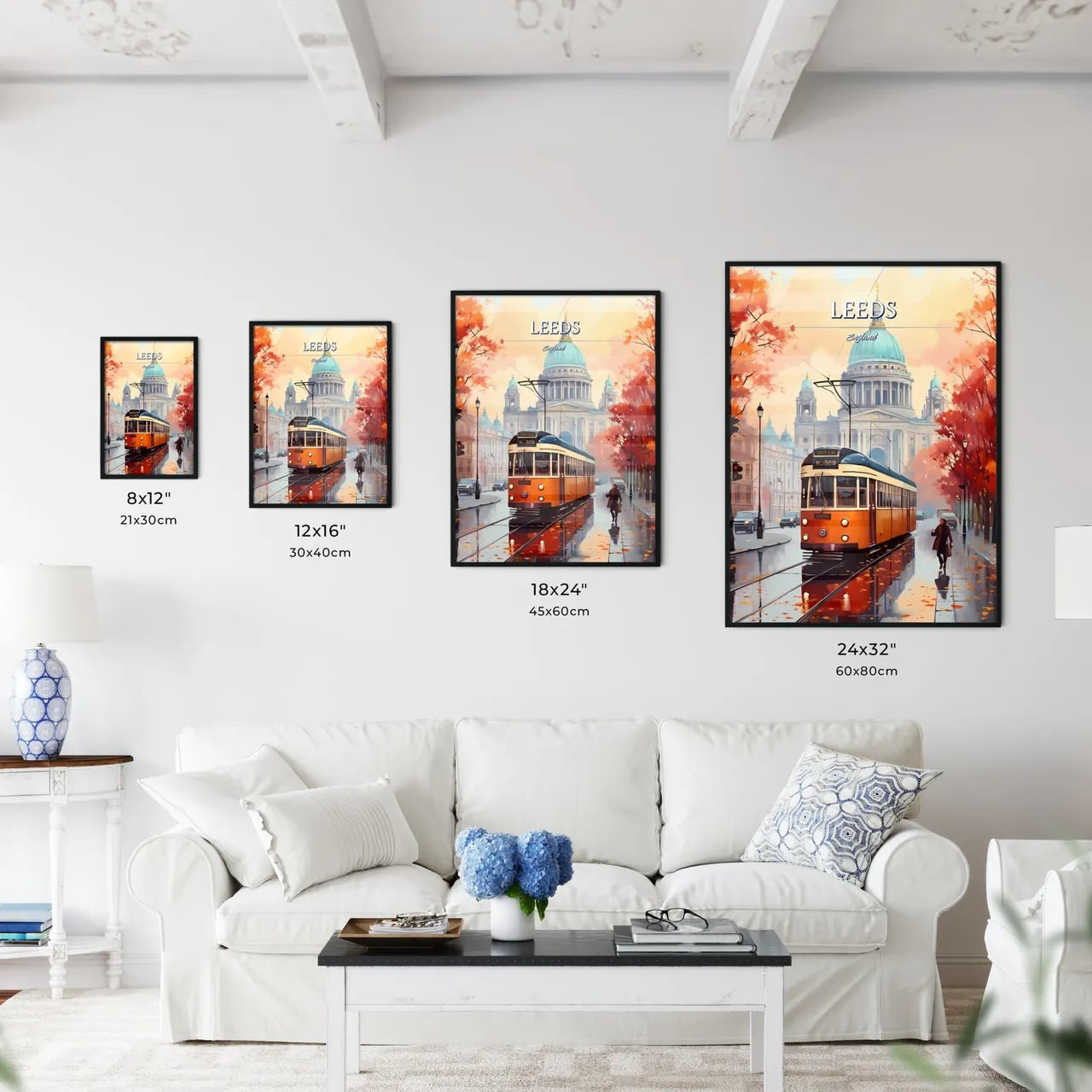 Leeds, England - Art print of a train on the street Size Chart