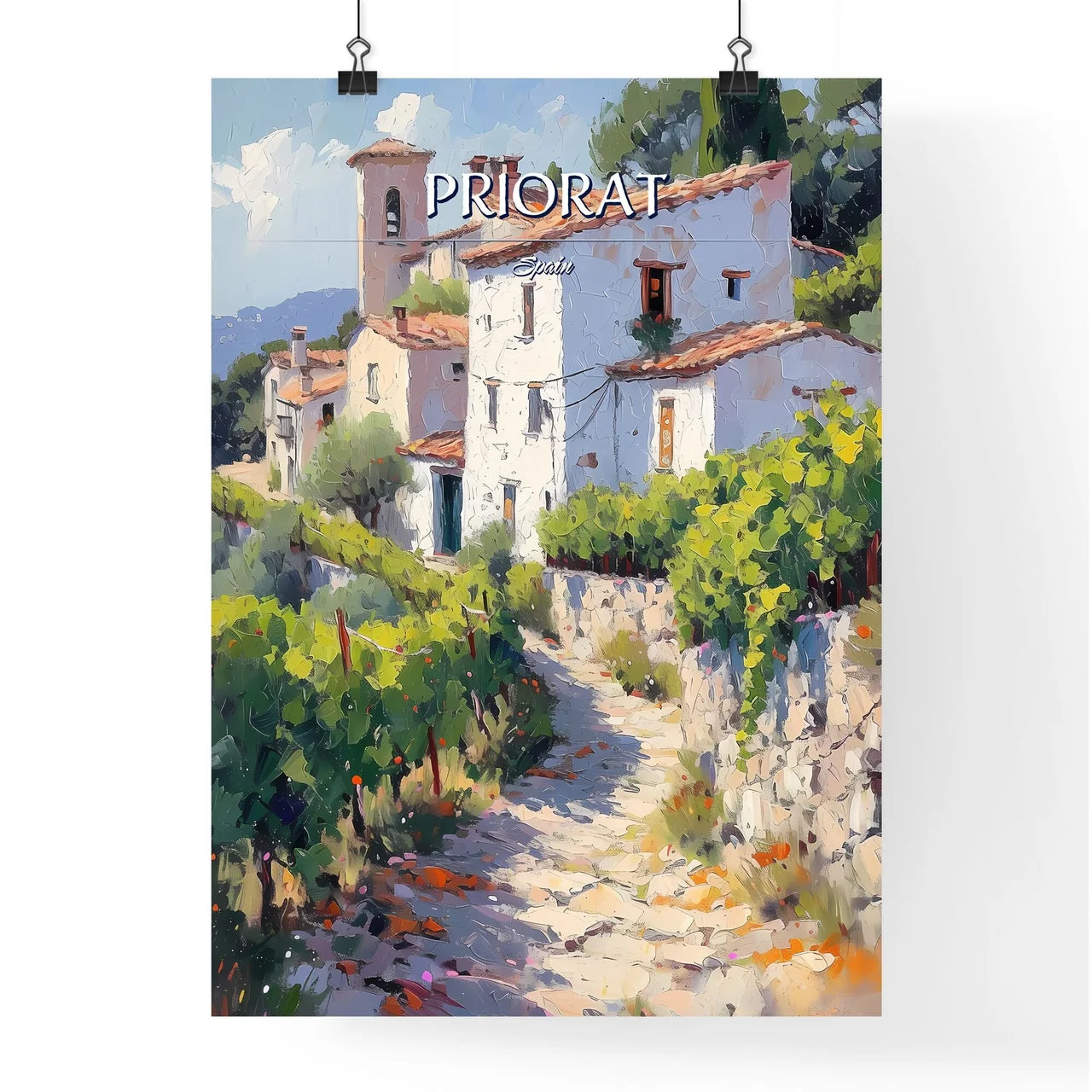 Priorat, Spain - Art print of a painting of a white building with a stone path and bushes Poster