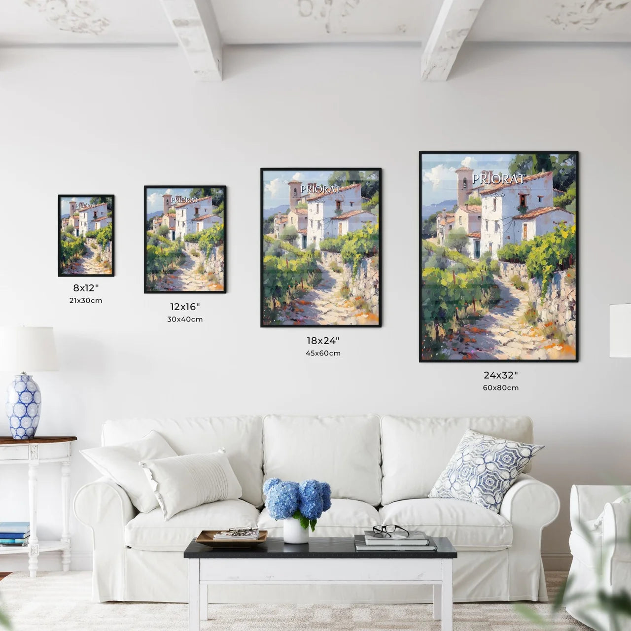 Priorat, Spain - Art print of a painting of a white building with a stone path and bushes Size Chart